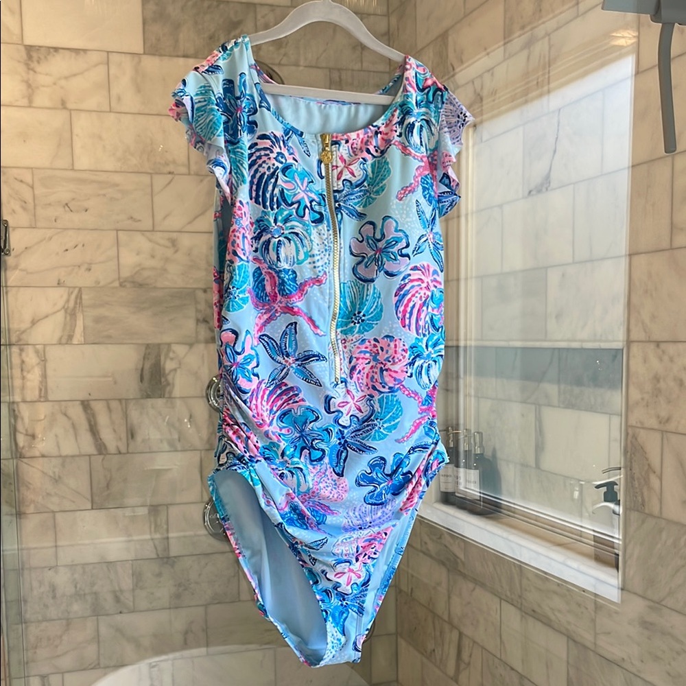 Lilly Pulitzer Blue and Pink One Piece Swimsuit with Tropical Print